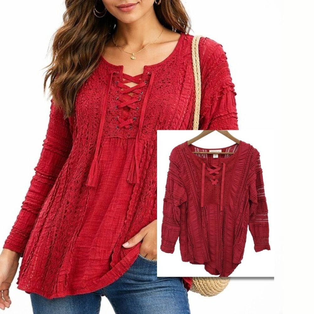 Skye's The Limit Blouse‎ Lace Up Boho Crochet Textured Red Petite L